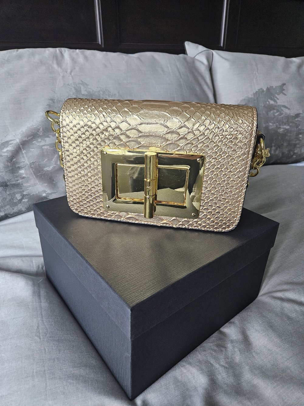 Textured Gold Crossbody Bag with Polished Turn-Lock